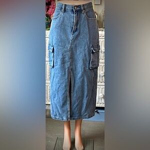 Sincerely Jules Cargo Midi Skirt Blue Denim Cotton Long Length w/ Slit Size 27